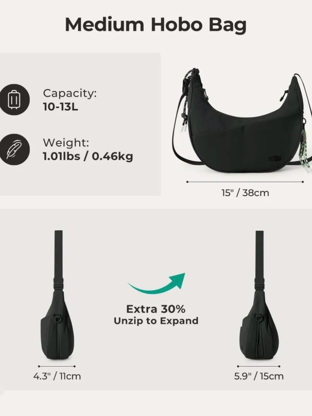 BAGSMART REIKI Black Med Hobo Bag Shoulder Crossbody Travel Gym expandable NWT - Picture 5 of 6
